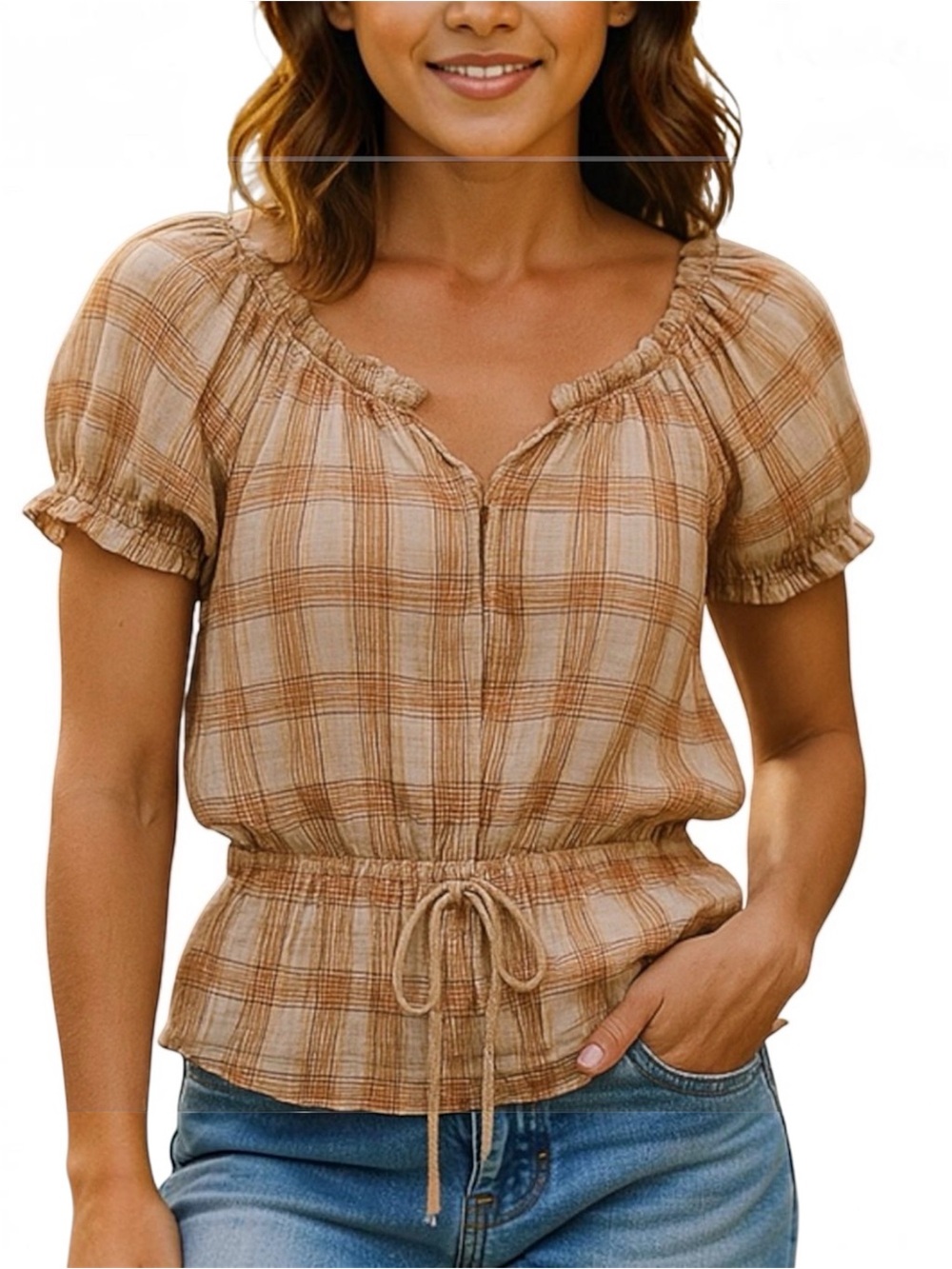MERONA PLAID TOP Puff Sleeves White Brown Peplum Gathered Tie Waist Western SZ S